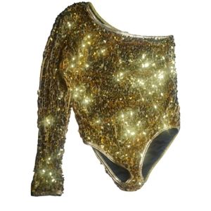 LA ROXX Gold One Shoulder Sequins Bodysuit